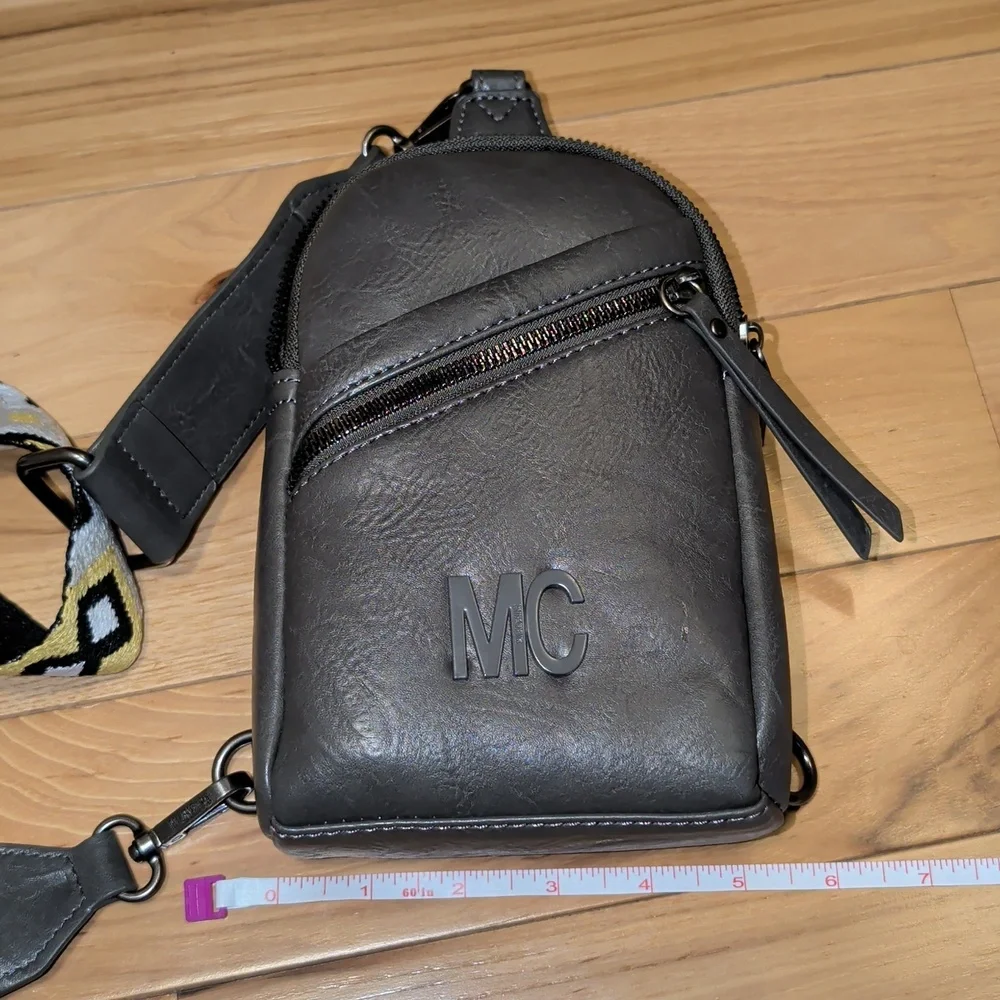 Gray Sling Bag with Yellow Patterned Strap - Lots Of Pockets